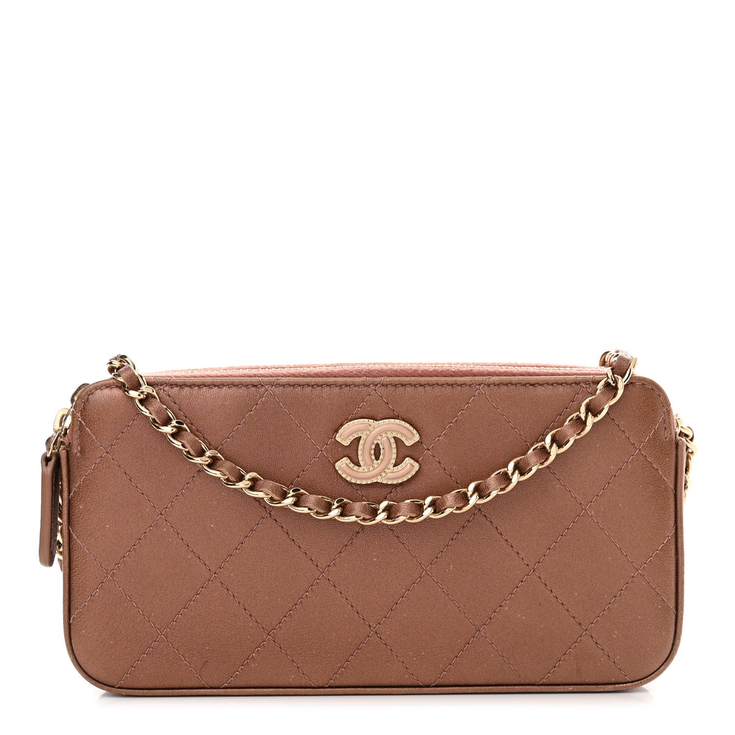 Metallic Goatskin Enamel Quilted Small Clutch With Chain Brown