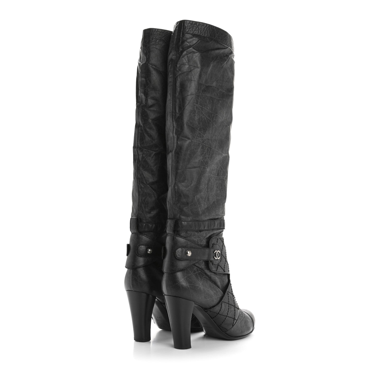 Chanel Aged Calfskin Quilted Knee High CC Boots 38.5 Black 4 of 12