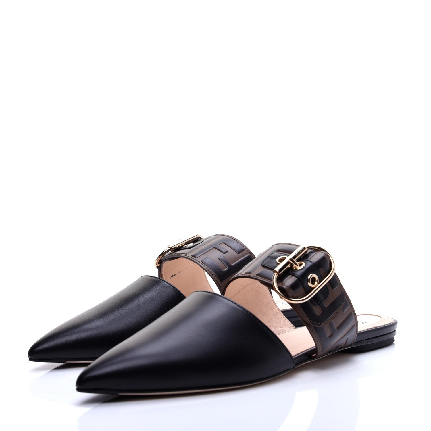 Fendi Vitello FF Embossed Buckle Flat Mules 38 Maya Black 4 of 14