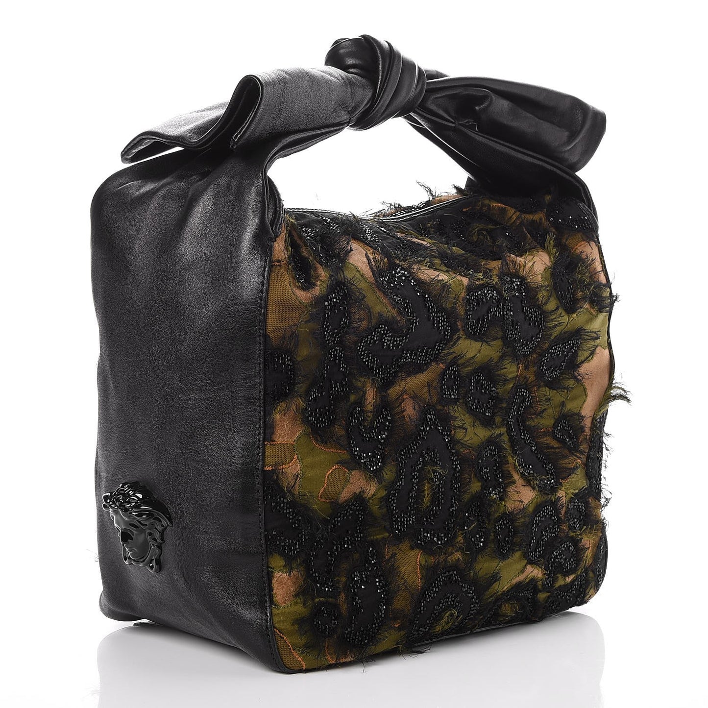 Calfskin Sequin Embellished Printed Palazzo Bow Bag Black