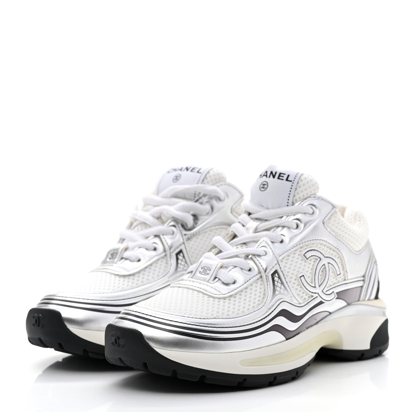 Fabric Laminated Calfskin Stretch CC Womens Sneakers 35 White Silver