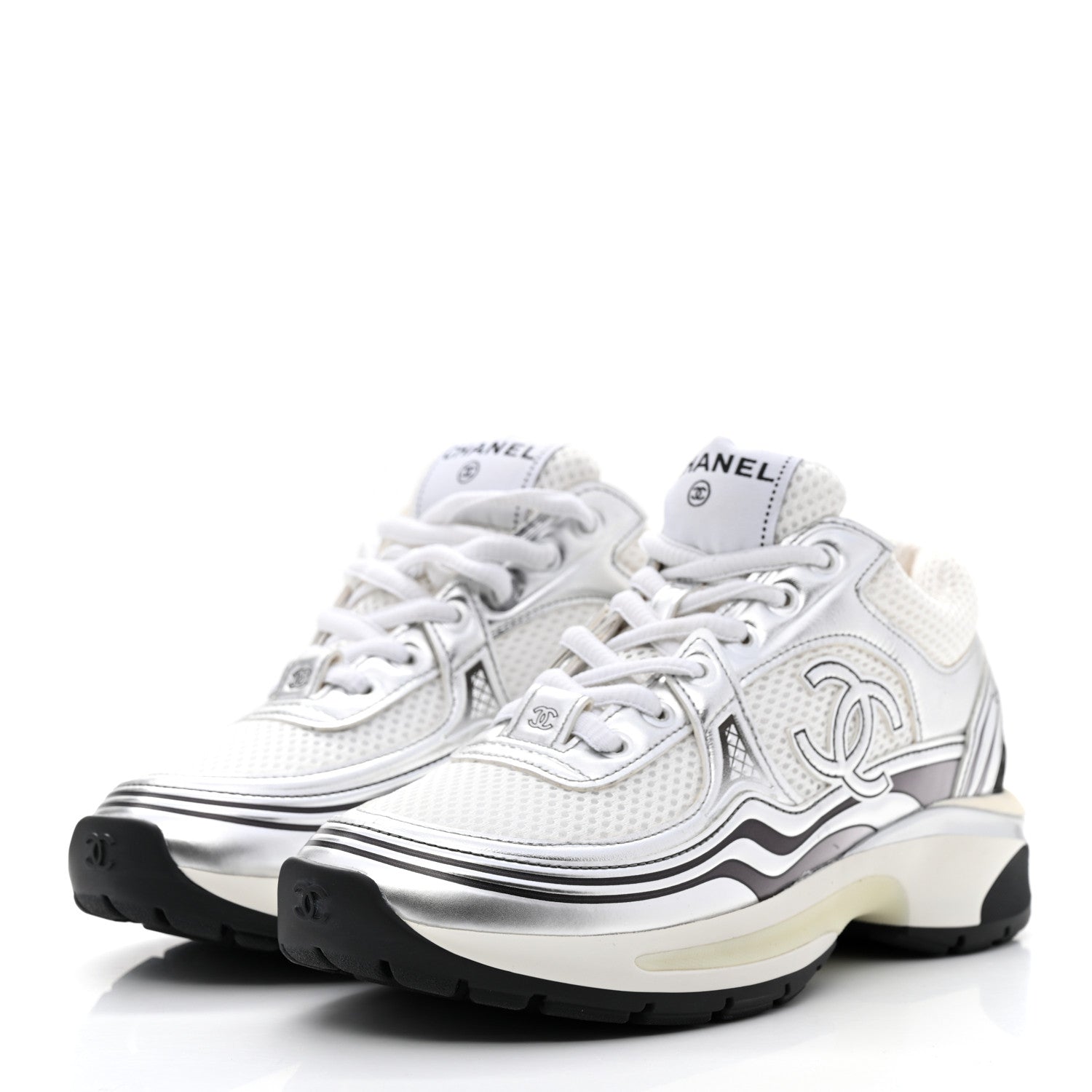 Chanel Fabric Laminated Calfskin Stretch CC Womens Sneakers 35 White Silver 3 of 8