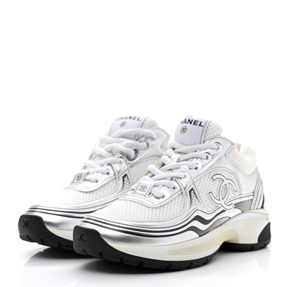 Chanel Fabric Laminated Calfskin Stretch CC Womens Sneakers 35 White Silver 3 of 8