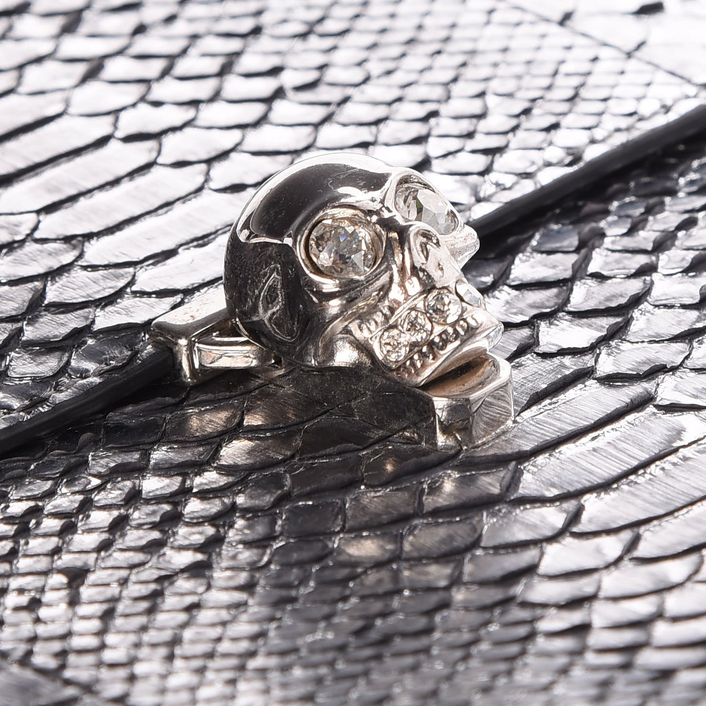 Metallic Python Embossed Skull Envelope Clutch Silver