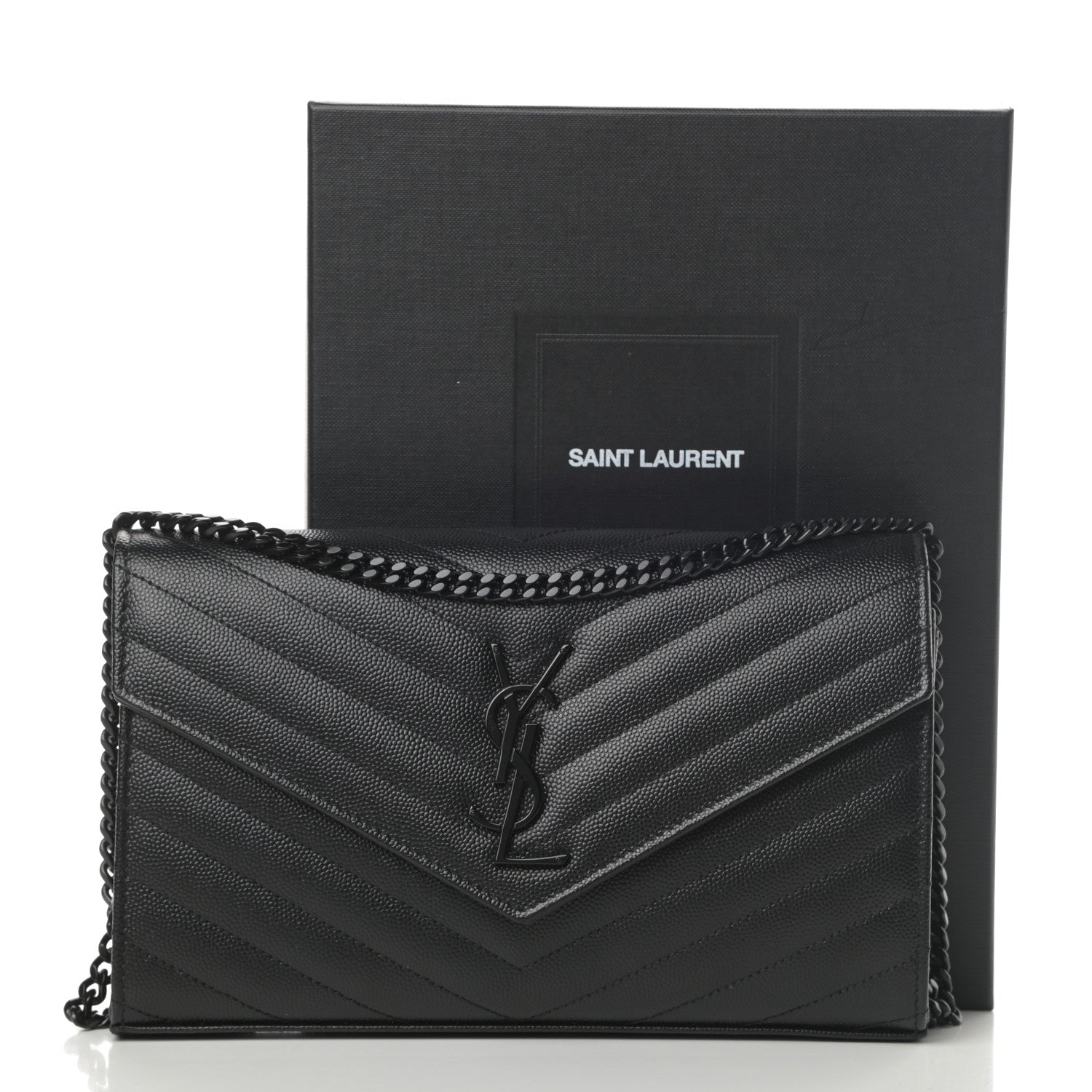 Saint Laurent Grain De Poudre Matelasse Chevron Monogram Chain Wallet Black 11 of 11