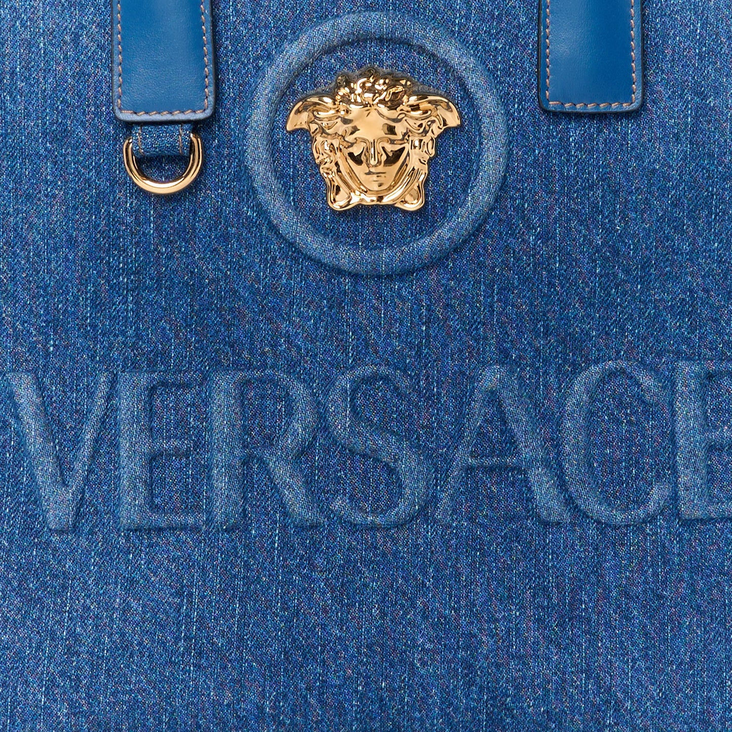 Denim Calfskin La Medusa Small Tote Bag Blue