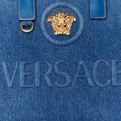 Versace Denim Calfskin La Medusa Small Tote Bag Blue 8 of 10