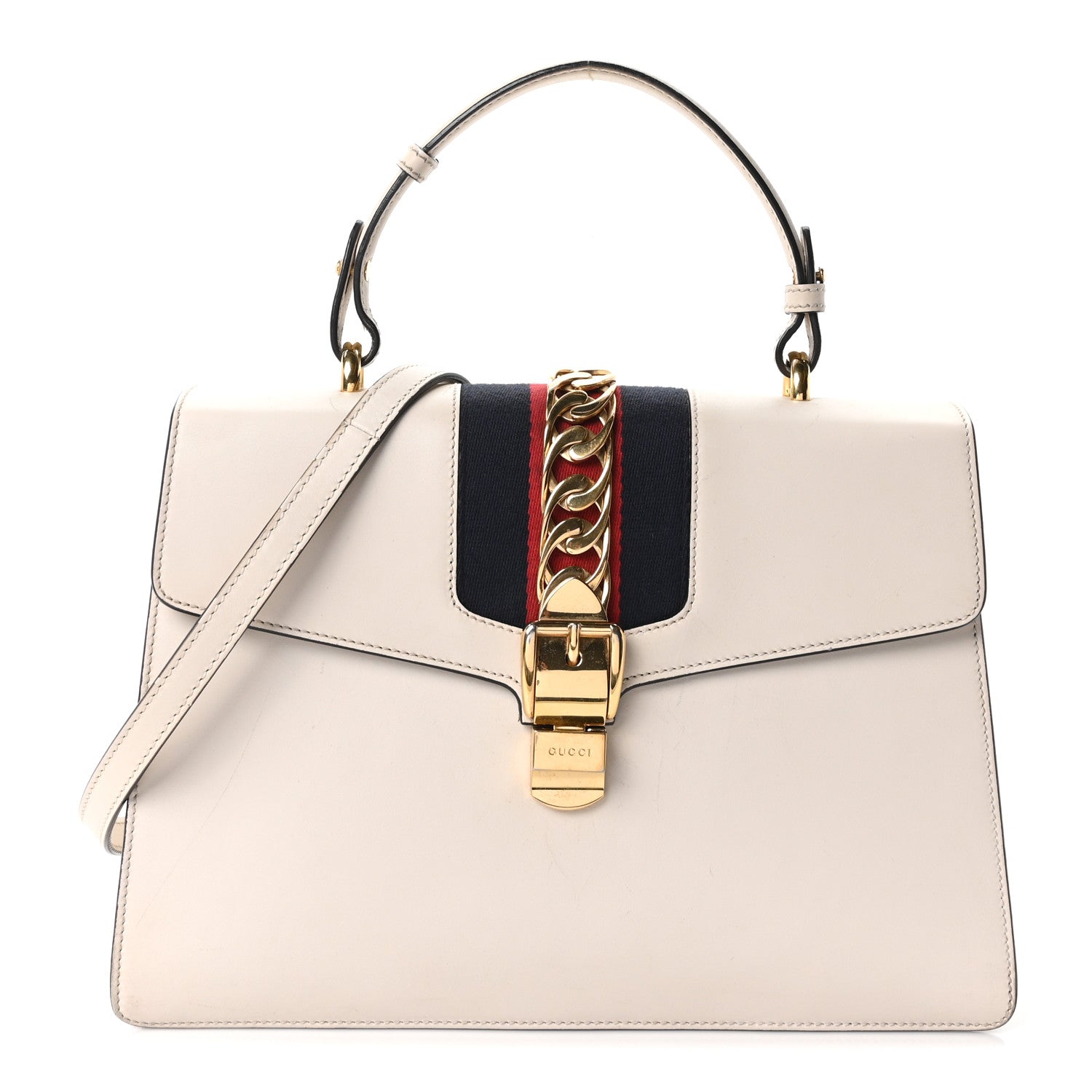 Gucci Calfskin Web Medium Sylvie Top Handle Bag White 1 of 10