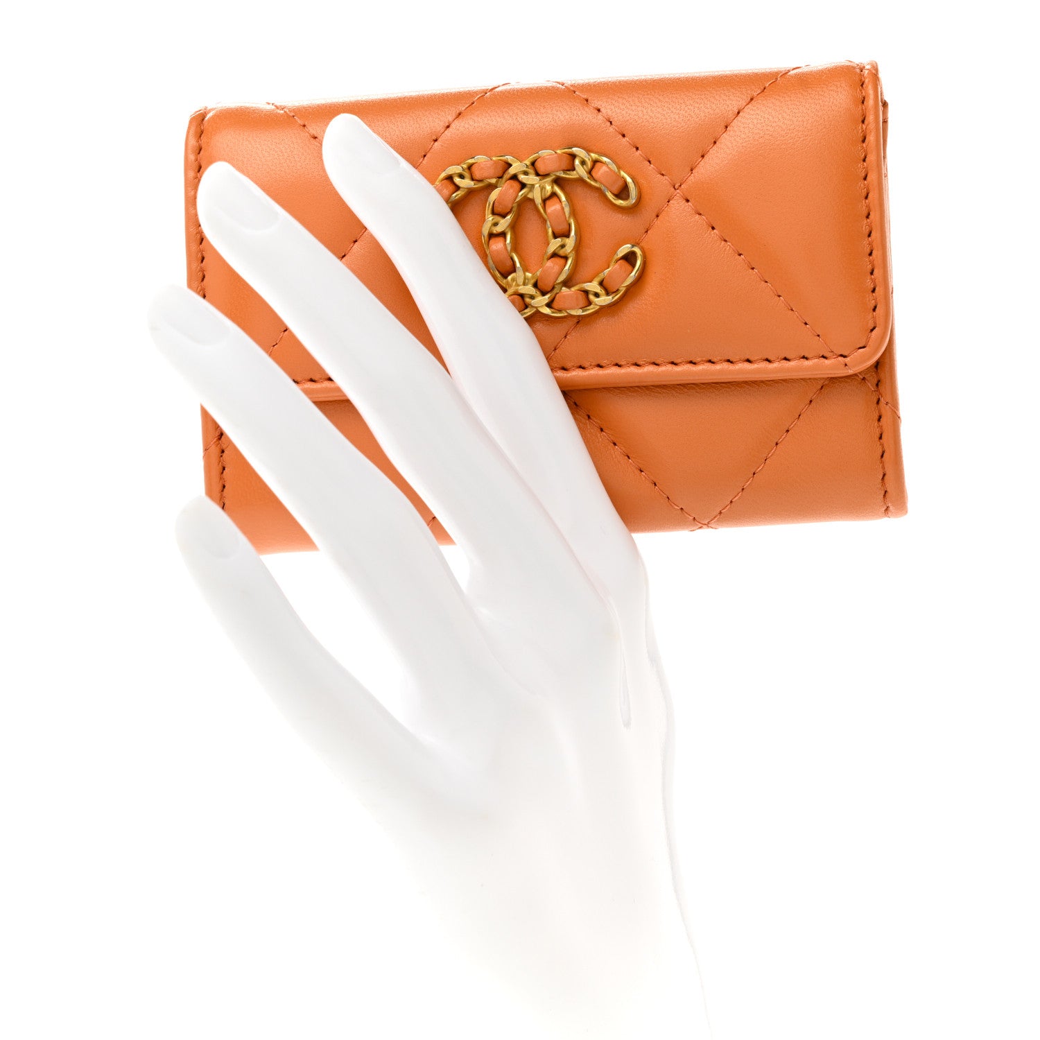 Chanel Lambskin Quilted Chanel 19 Flap Card Holder Orange 2 of 9