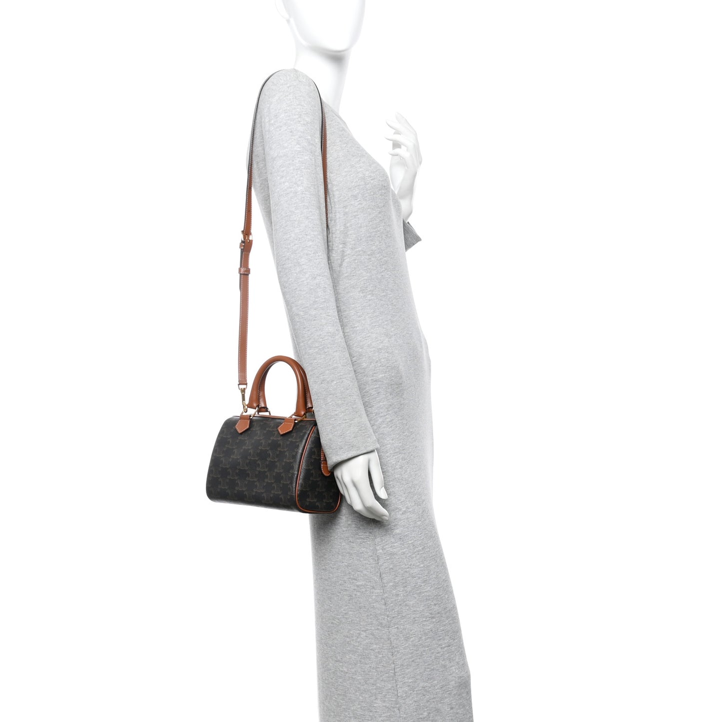 Triomphe Canvas Calfskin Small Boston Bag Tan