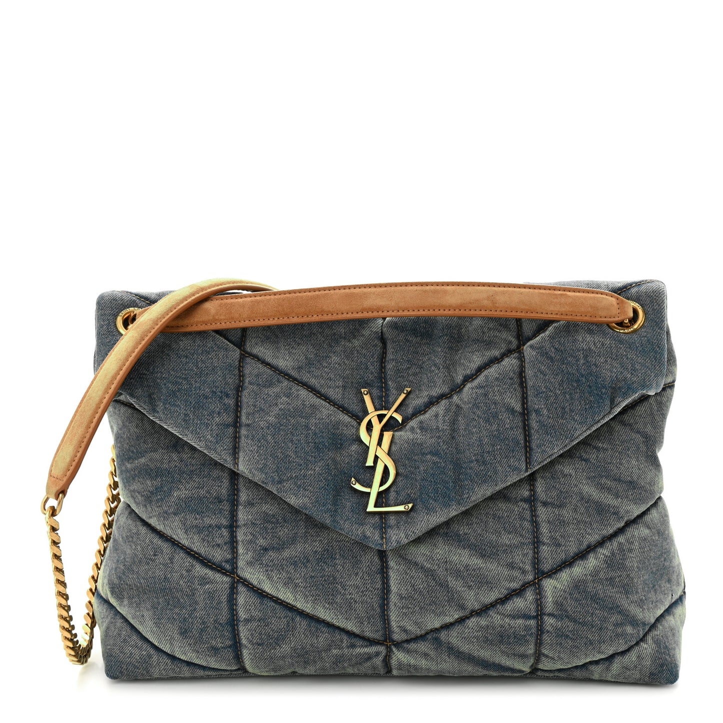 Denim Quilted Medium Loulou Puffer Monogram Chain Satchel Blue Cinnamon