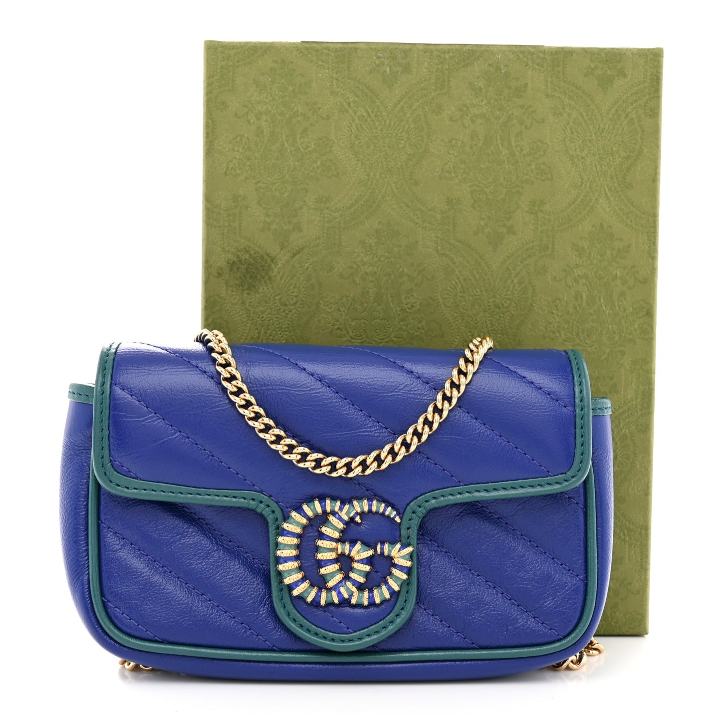 Azalea Calfskin Enamel Matelasse Diagonal Super Mini Torchon GG Marmont Shoulder Bag Imperial Blue Pavone