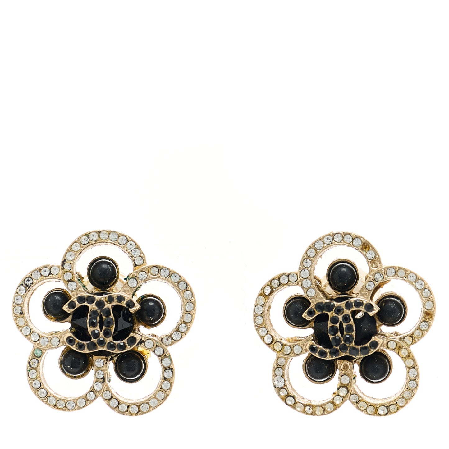 Crystal CC Camellia Earrings Black Gold