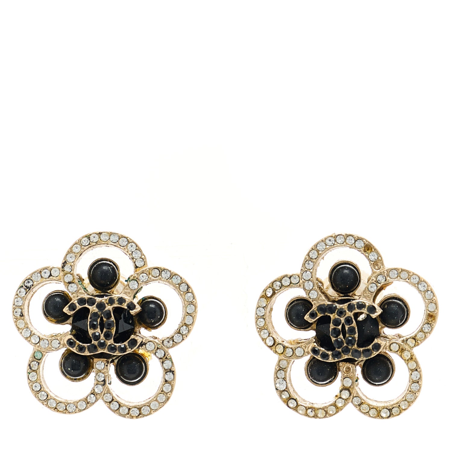 Chanel Crystal CC Camellia Earrings Black Gold 1 of 5