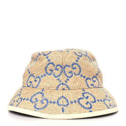 Gucci Raffia GG Monogram Embroidered Fedora Hat XS Beige Blue 4 of 9