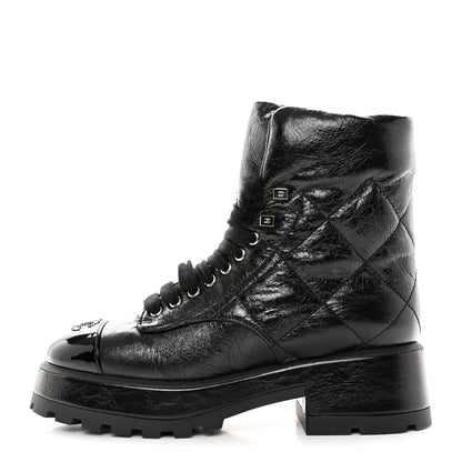 Chanel Crumpled Patent Lambskin Calfskin Quilted Lace Up Combat Boots 37.5 Black 1 of 10