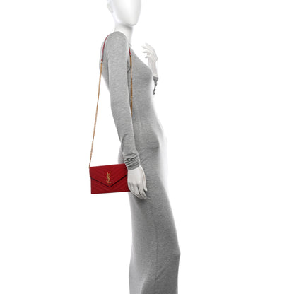 Saint Laurent Grain De Poudre Matelasse Chevron Monogram Envelope Chain Wallet New Red 2 of 10