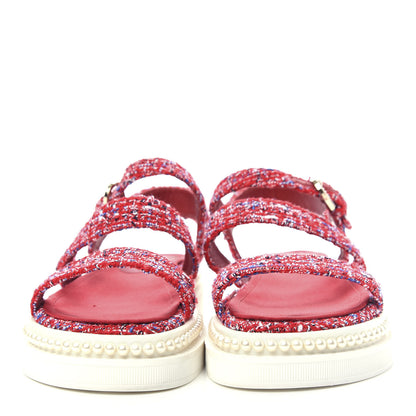 Chanel Tweed Pearl Flat Sandals 36.5 Red 2 of 10