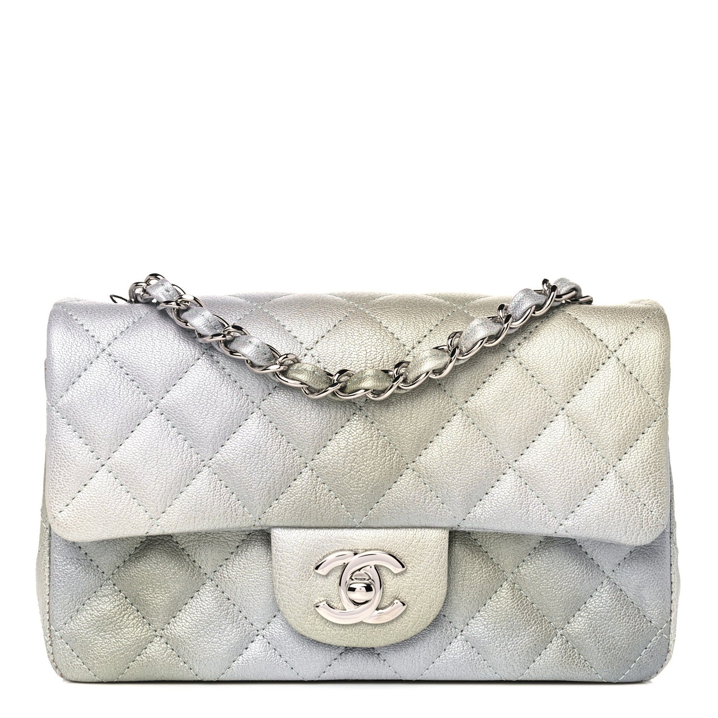 Metallic Goatskin Quilted Ombre Mini Rectangular Flap Grey Green