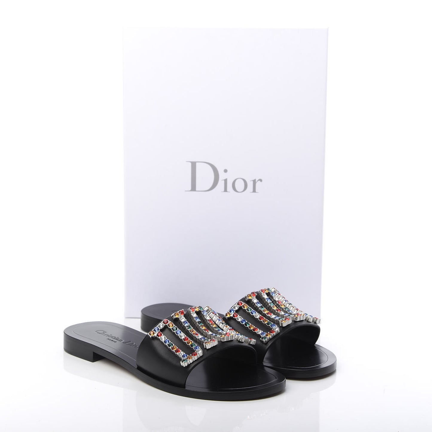 Calfskin Crystal Dio(r)evolution Slide Sandals 37 Black