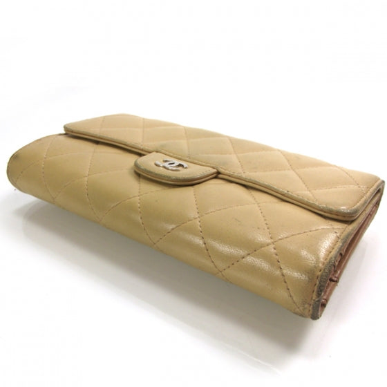 Lambskin Quilted Large Flap Wallet Beige