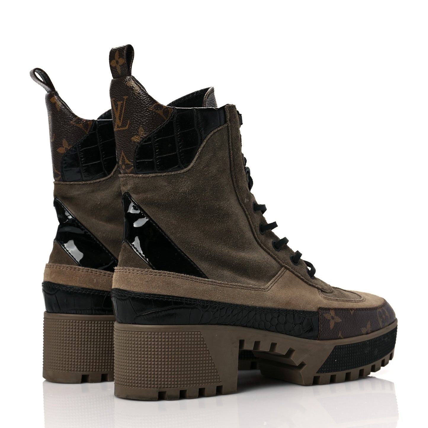 Suede Calfskin Monogram Laureate Platform Desert Boots 38.5 Taupe