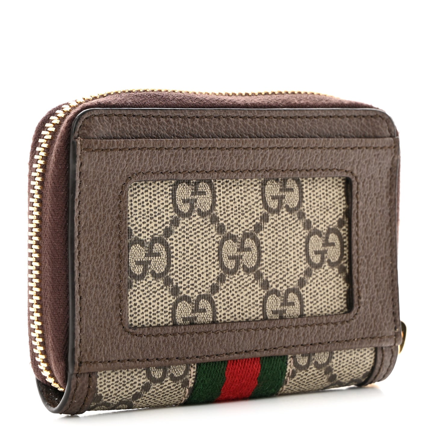 GG Supreme Monogram Textured Dollar Calfskin Web Ophidia Zip Around Card Case Wallet Beige Ebony New Acero