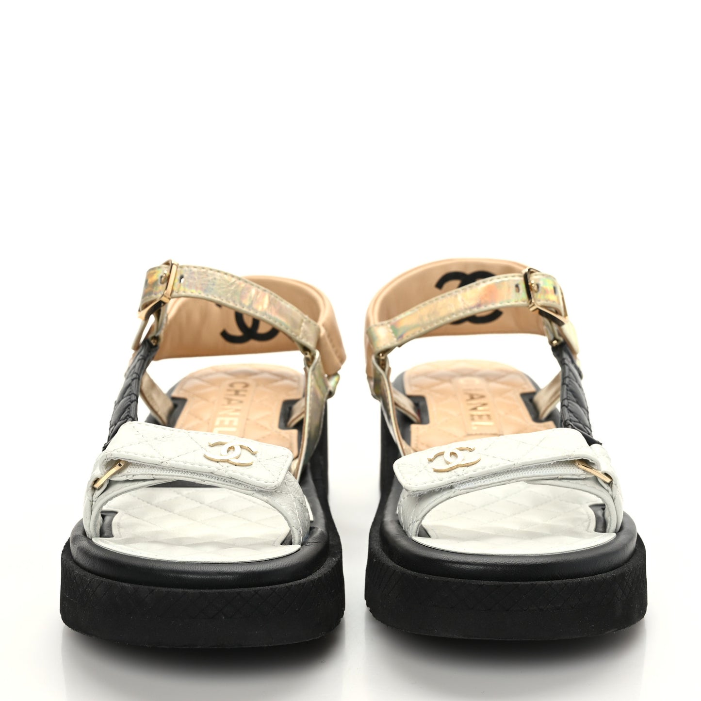Lambskin Logo Platform Sandals 38.5 Beige Gold White