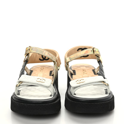 Chanel Lambskin Logo Platform Sandals 38.5 Beige Gold White 2 of 8