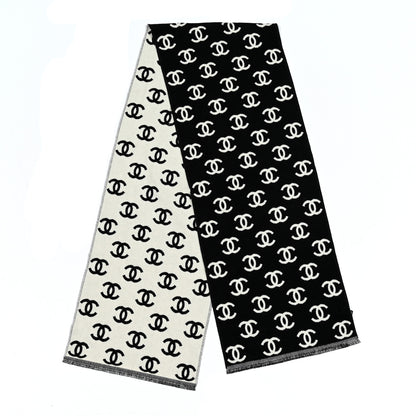 Chanel Wool Cashmere CC Scarf Black White 2 of 3