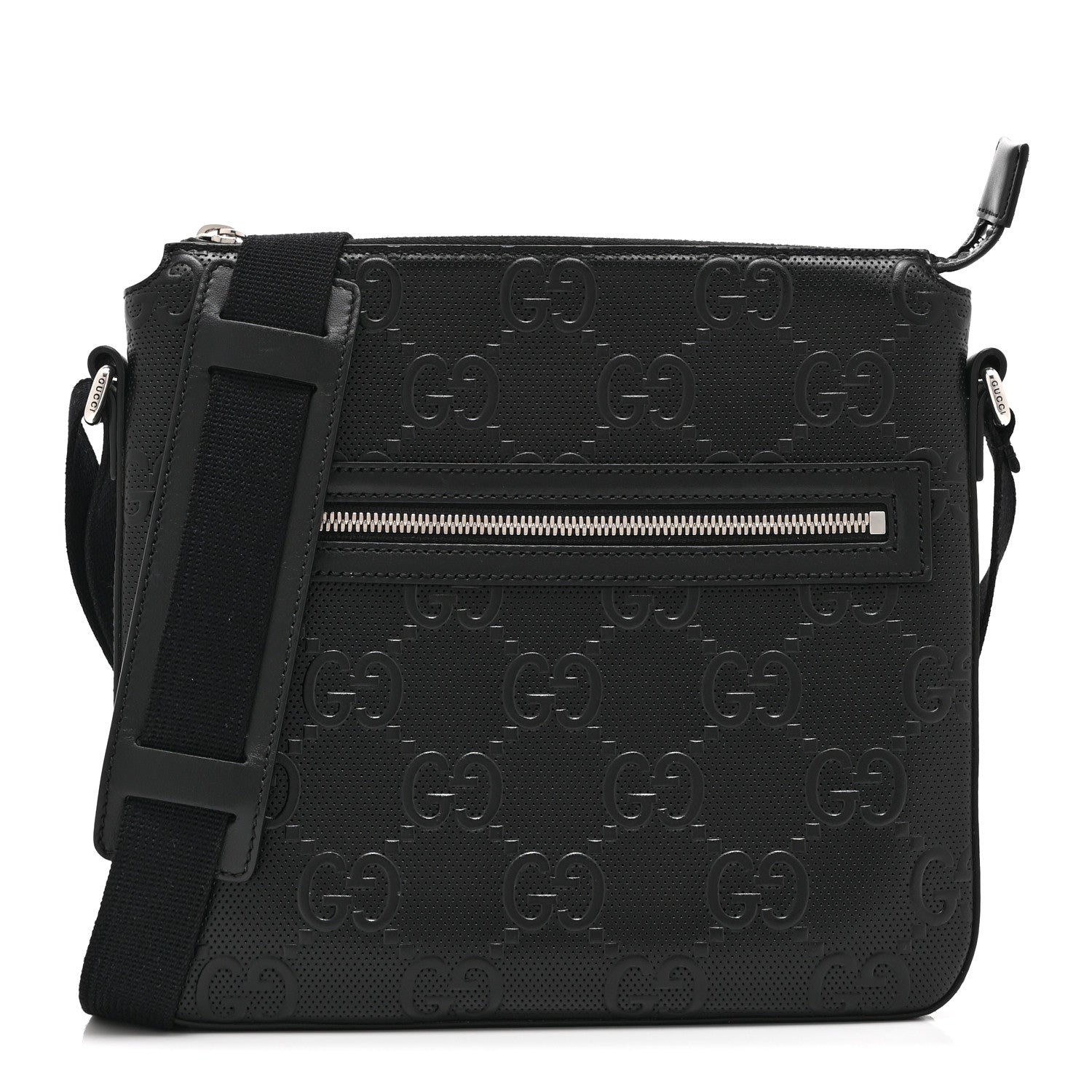Gucci Calfskin GG Tennis Embossed Small Flat Messenger Bag Black 1 of 11