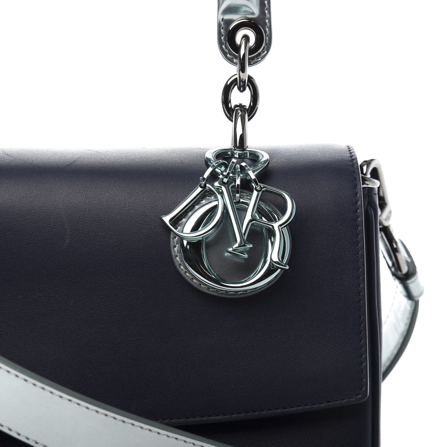 Metallic Patent Smooth Calfskin Mini Be Dior Flap Navy Light Blue