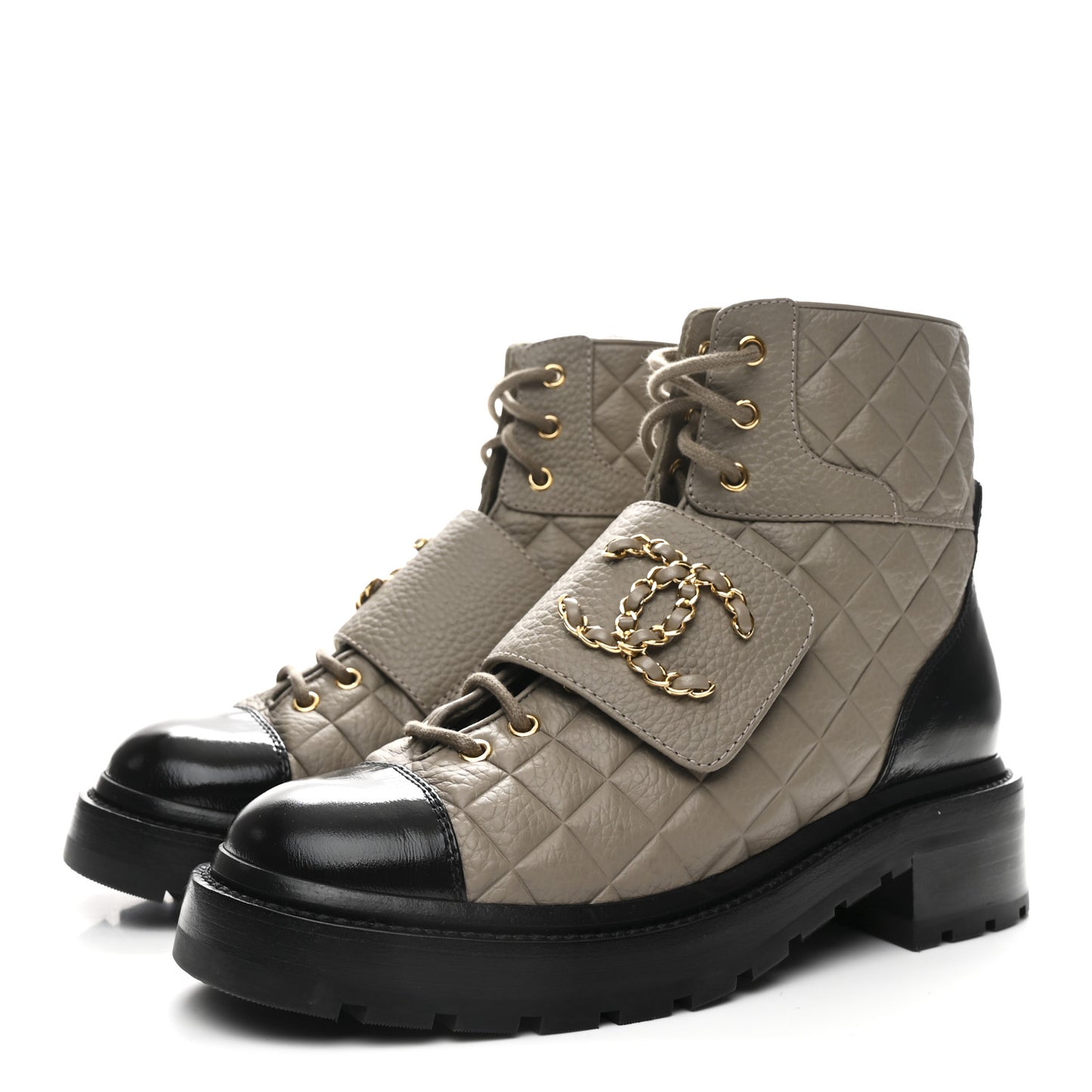 Calfskin Shiny Calfskin Quilted Lace Up Combat Boots 38 Dark Beige Black