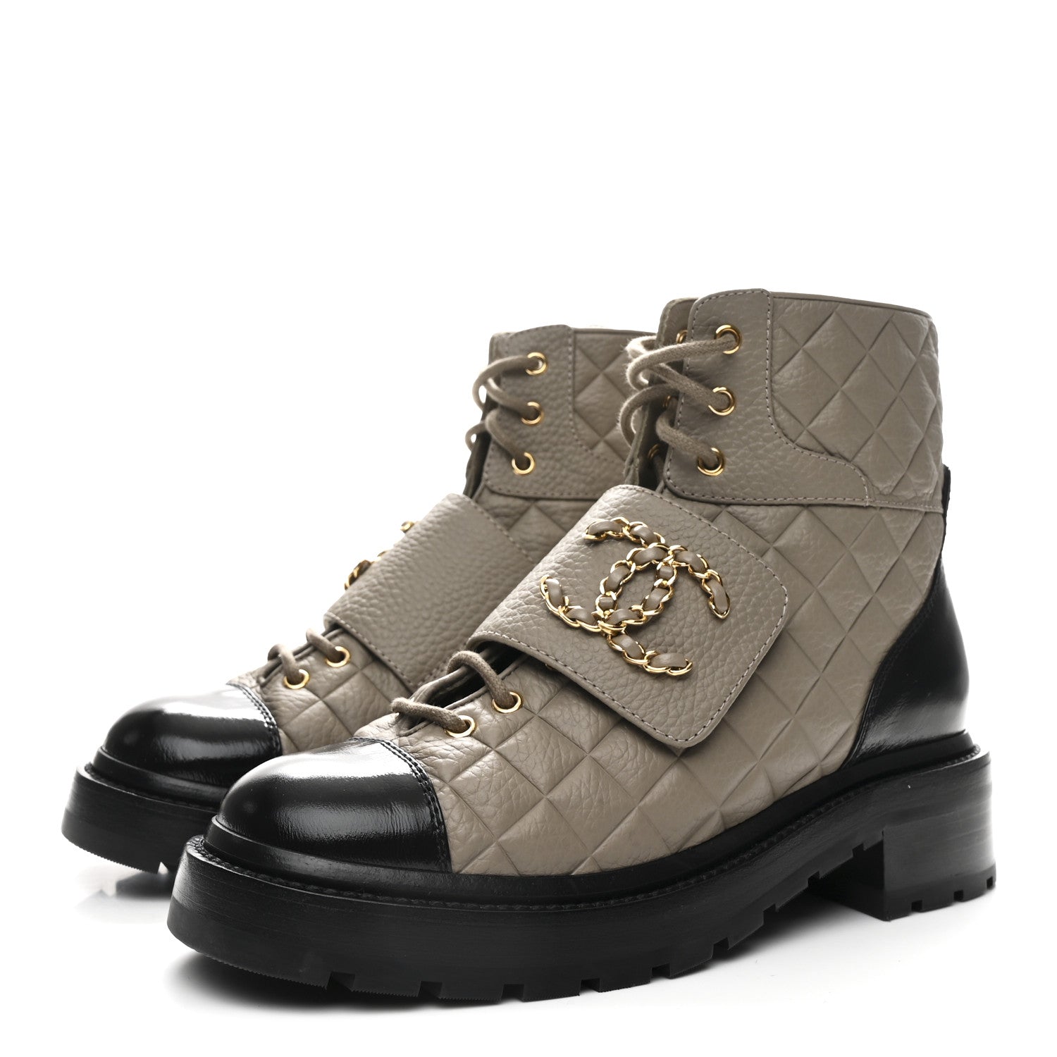 Chanel Calfskin Shiny Calfskin Quilted Lace Up Combat Boots 38 Dark Beige Black 4 of 11