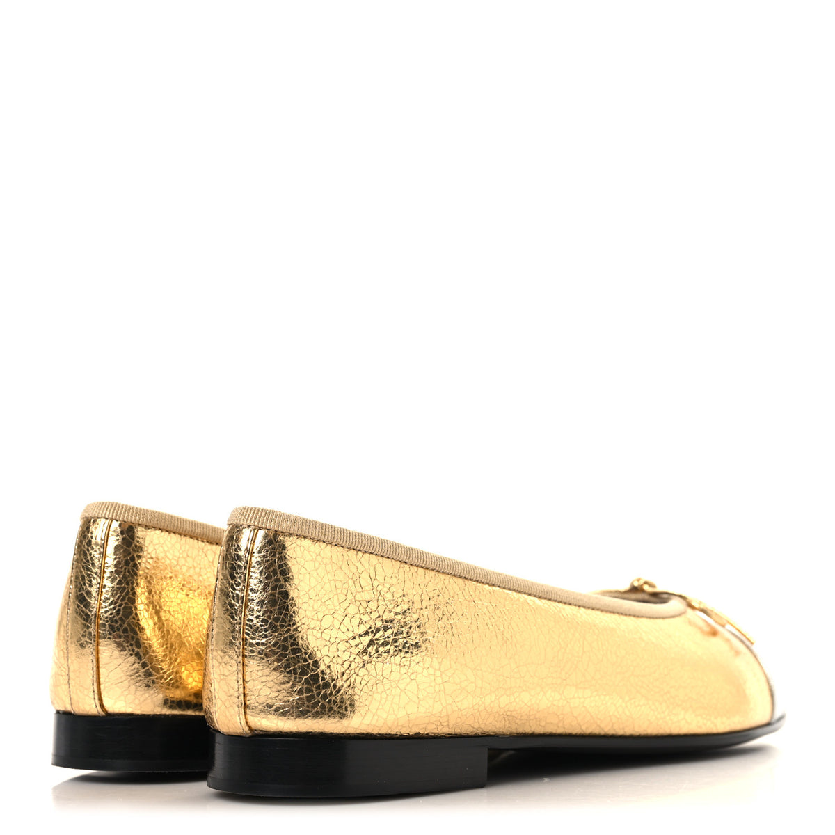 Metallic Crackled Laminated Calfskin CC Cap Toe Ballerina Flats 37.5 Gold Silver