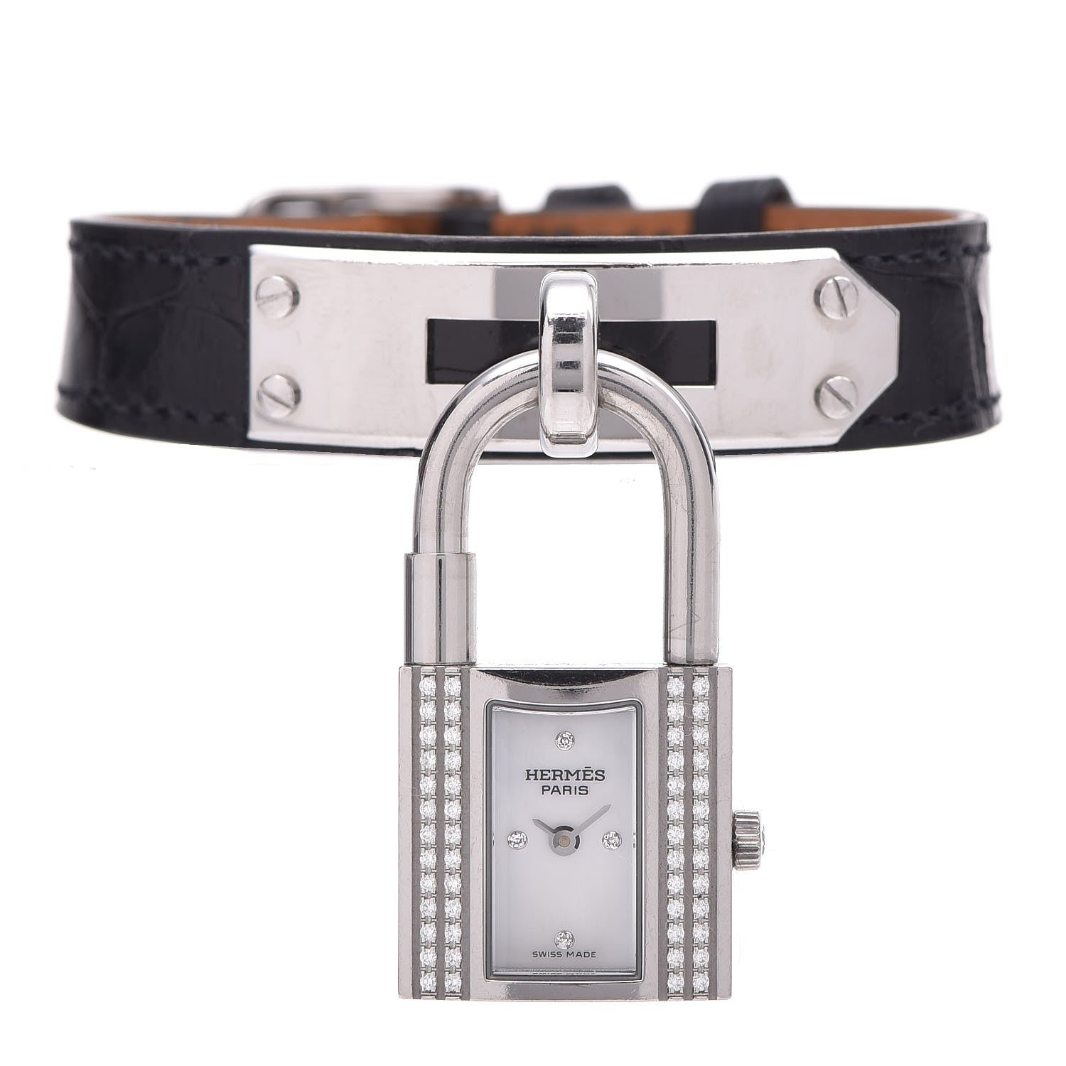 Hermes Stainless Steel Alligator Diamond Mother of Pearl 20mm Kelly Cadena Quartz Watch Noir 1 of 16