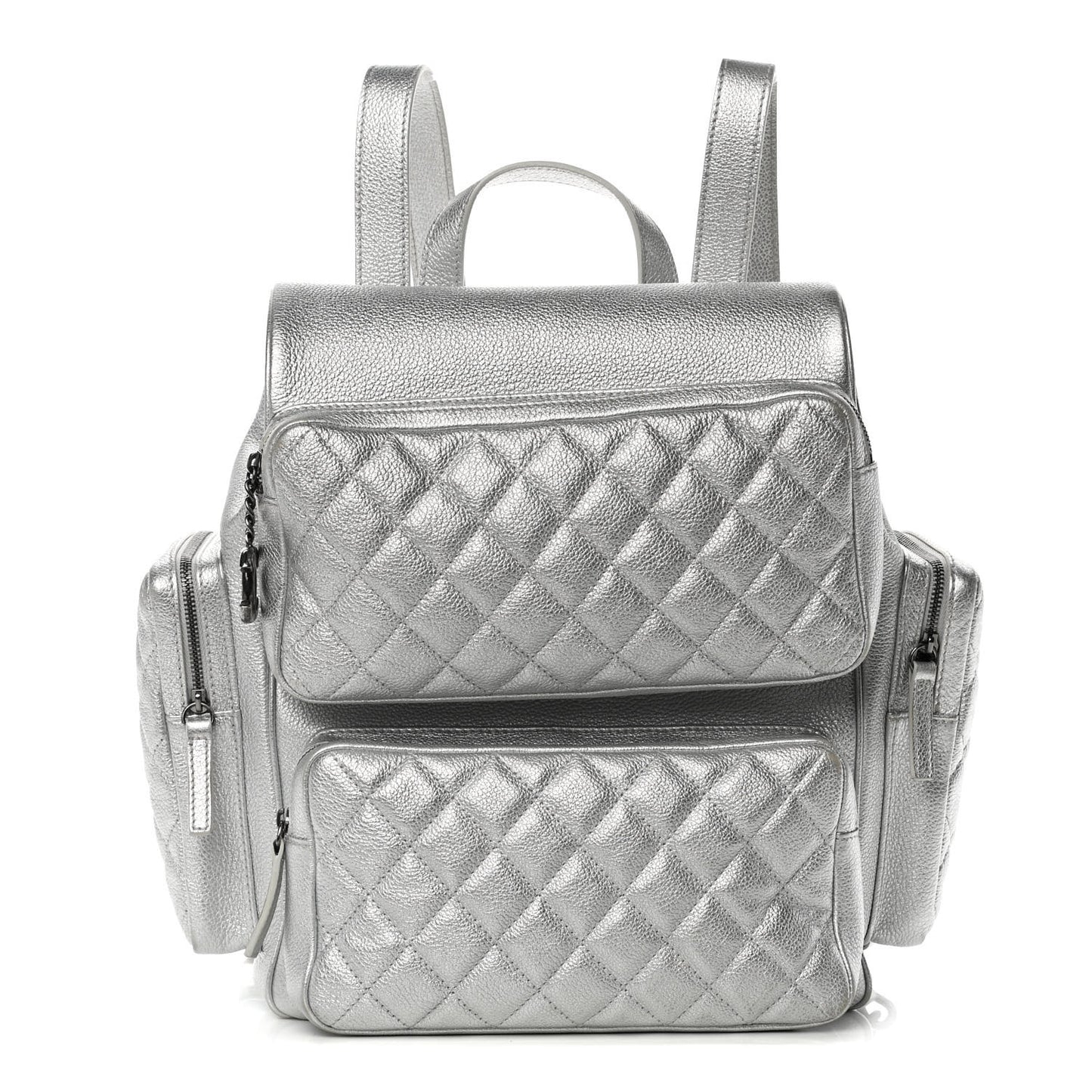 Metallic Grained Calfskin Quilted Large Casual Rock Backpack Silver