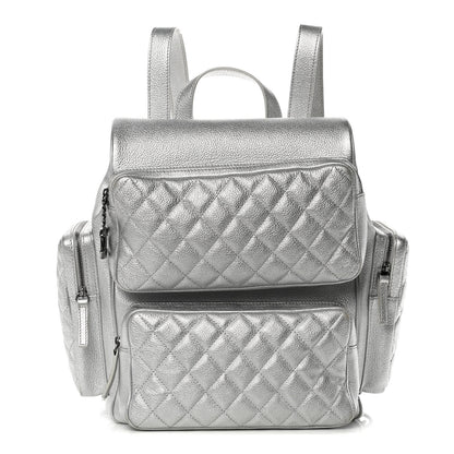Chanel Metallic Grained Calfskin Quilted Large Casual Rock Backpack Silver 1 of 12