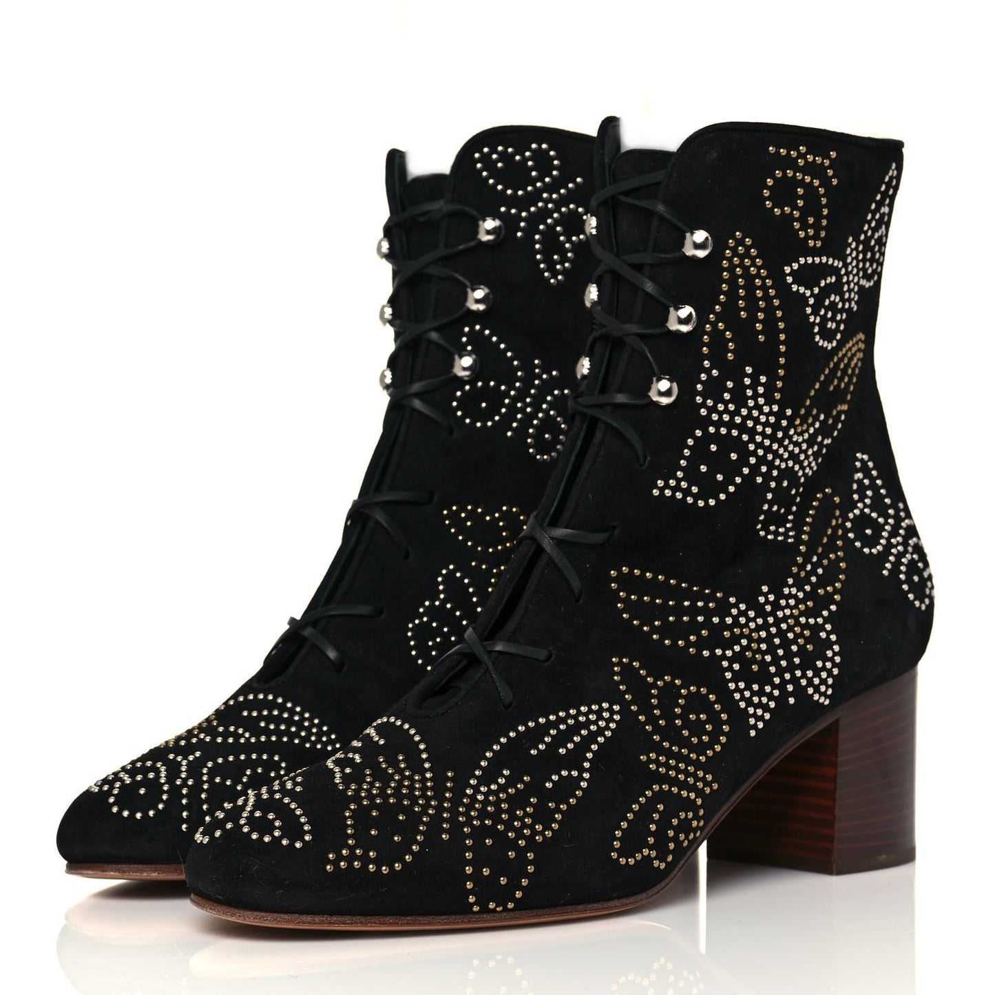 Suede Studded Butterfly Lace Up Boots 40 Black