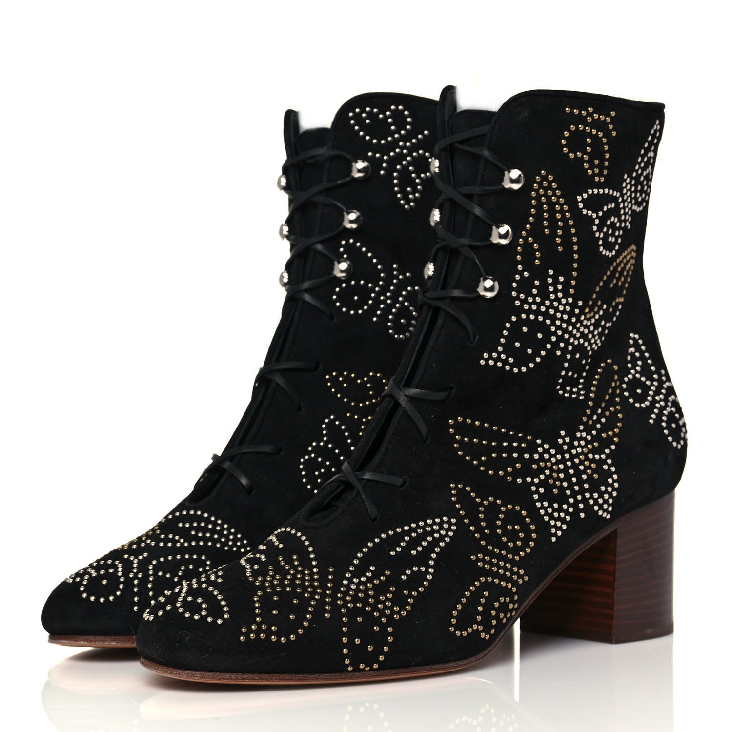Valentino Garavani Suede Studded Butterfly Lace Up Boots 40 Black 3 of 7