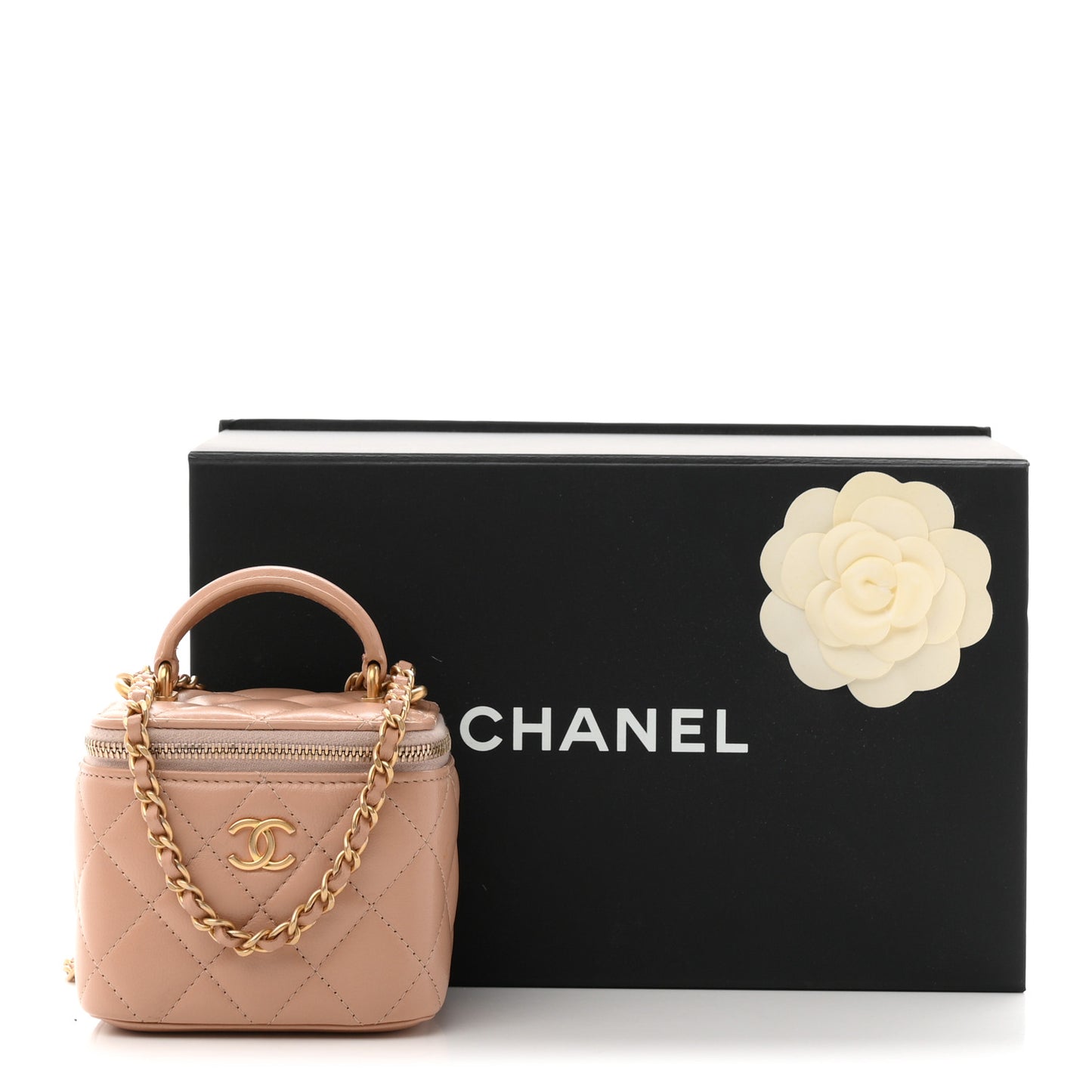 Lambskin Quilted Top Handle Mini Vanity Case With Chain Beige