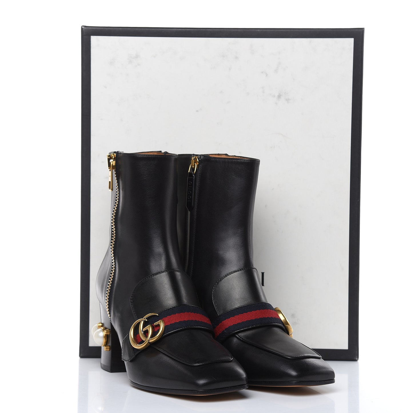 Betis Glamour Calfskin Web Pearl Embellished Peyton 75mm Ankle Boots 39 Black