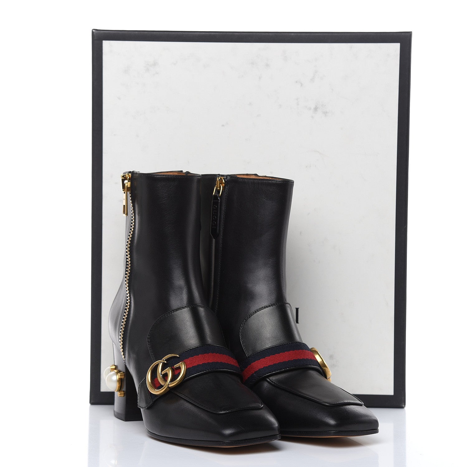 Gucci Betis Glamour Calfskin Web Pearl Embellished Peyton 75mm Ankle Boots 39 Black 11 of 11