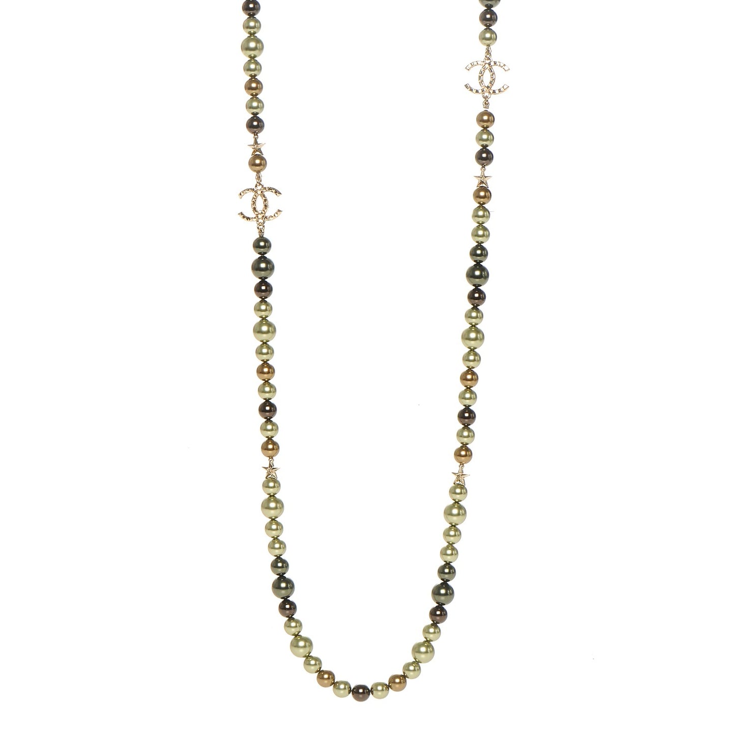 Pearl Beaded CC Long Necklace Gold Green