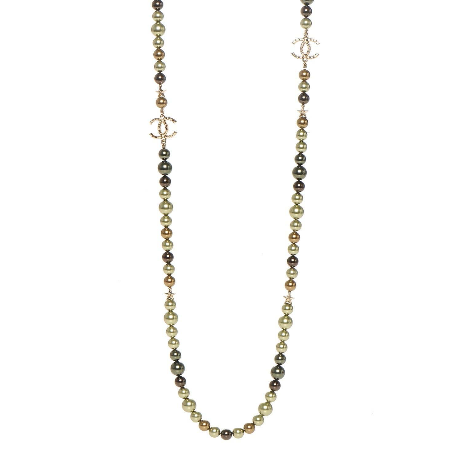 Chanel Pearl Beaded CC Long Necklace Gold Green 1 of 5