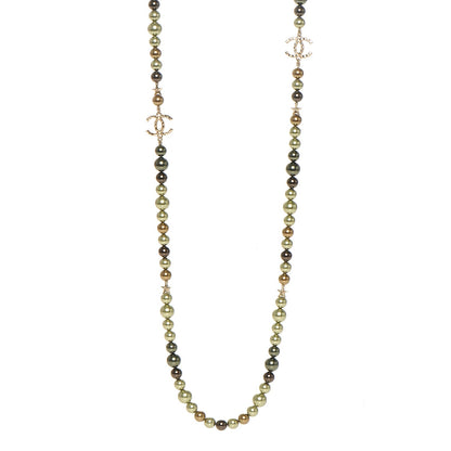 Chanel Pearl Beaded CC Long Necklace Gold Green 1 of 5