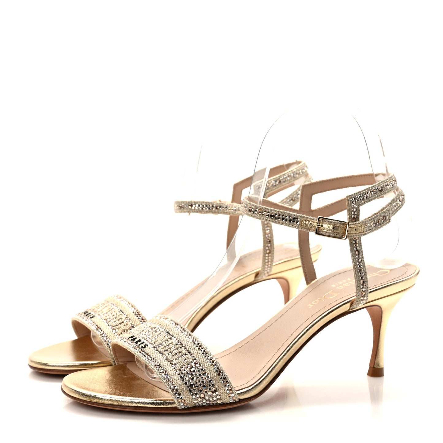 Laminated Calfskin Crystal Embroidered Dway 65mm Sandals 36.5 Gold