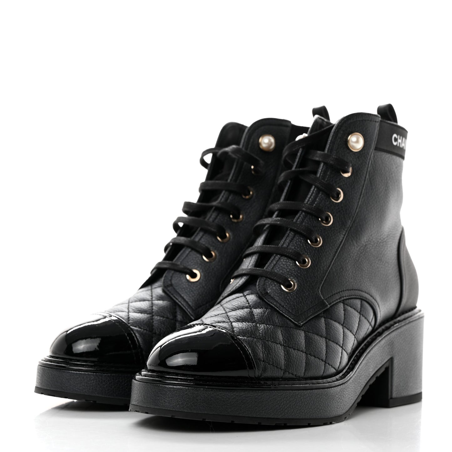 Pearly Calfskin Patent Calfskin Lace Up Combat Boots 38 Black 38 Black