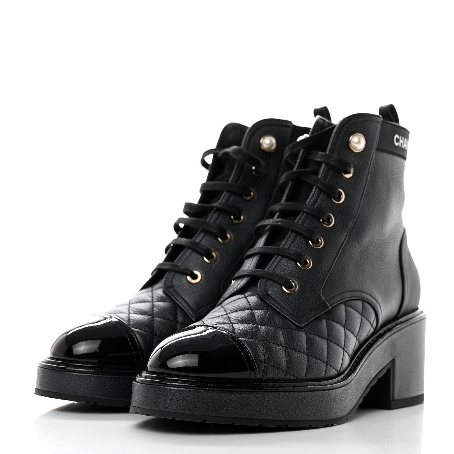 Chanel Pearly Calfskin Patent Calfskin Lace Up Combat Boots 38 Black 38 Black 3 of 9