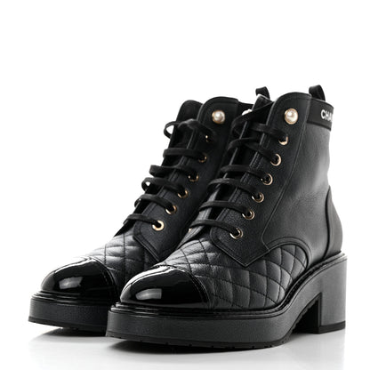 Chanel Pearly Calfskin Patent Calfskin Lace Up Combat Boots 38 Black 38 Black 3 of 9